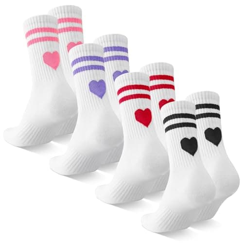 Image of Zuimei 4 Pairs Crew Socks Women, Ladies Sports Gym Socks 6-8 with Striped and Love Heart Cotton Athletic Leisure Sock Multipack Retro Casual Sock for Women