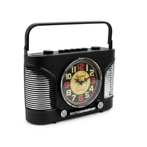 Image of LEDSone Vintage Radio Table Clock with Handle – 21.5 × 21 cm Black Antique Finish Metal Mantel Clock, Battery Operated Quartz Desk Clock for Home Office Shelf Décor Gift