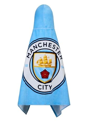 Image of MANCHESTER CITY FC Boys Hooded Towel – Kids Poncho 100% Cotton Towel – Man City Beach Swimming Wrap & Bath Robe