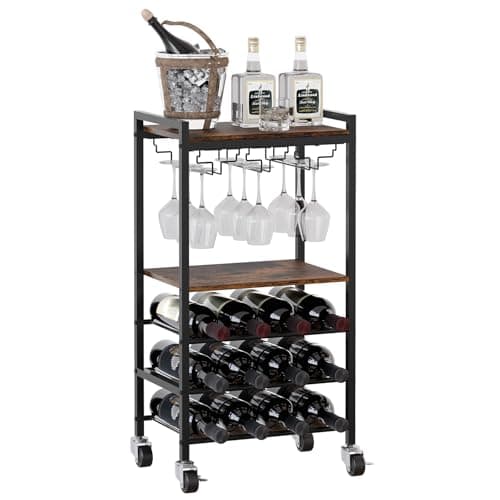 Image of EasyPAG Metal Wooden 12 Bottles Wine Racks Free Standing Floor,Wine Trolley on Wheels,Rolling Bar Cart with Glass Holder,Drinks Storage Trolley for Home & Kitchen,Brown