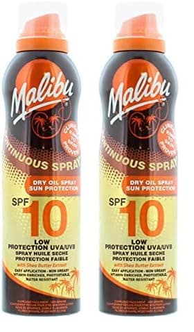 Image of Malibu Sun SPF 10 Continuous Dry Oil Spray for Tanning with Shea Butter Extract, Low Protection, Water Resistant, 175ml (Pack of 2)