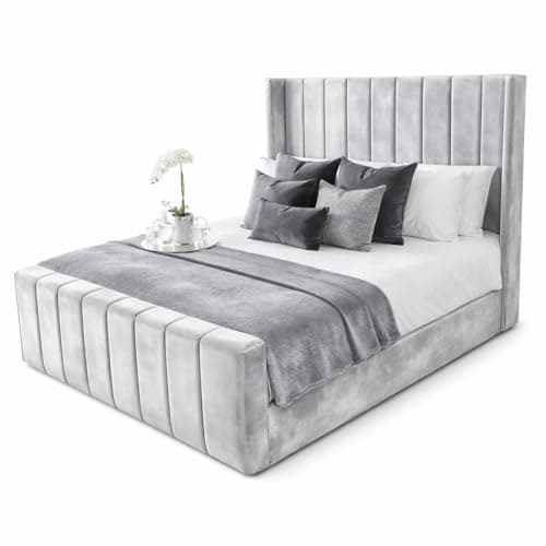Image of Atomic Sleep Ltd Luxury Upholstered Velvet Ottoman Bed Frame with Gas Lift Storage | Modern Designer Furniture | UK Sizes (Silver plush, 4ft6 double with gas lift)