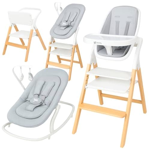 Image of Twinly Alaia 5 in 1 Baby High Chair, Wooden High Chair with Newborn Bouncer, Adjustable Convertible Highchair, Learning Tower & Toddler Chair up to 99kg (White)