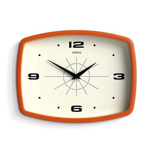 Image of JONES CLOCKS® Movie wall clock | Retro rectangular clock | 25cm | Orange | Cool mid-century designer look for kitchen, living room or office
