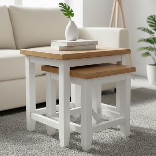 Image of GROF GROFurniture Nest of Tables set of 2 Small Coffee Tables - Ready Assembled Side Tables for Livingroom or Bedroom Bedside Tables, Painted White Nest of Tables Oak