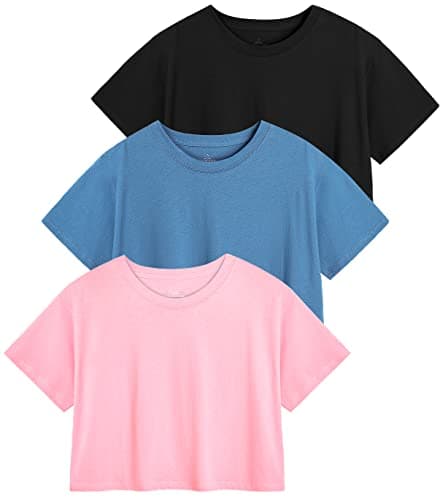 Image of Star Vibe 3 Pack Cotton Crop Tops Gym for Women Round Neck Cropped Athletic Top Workout Yoga Tops T-Shirt Women Black/Navy/Pink M