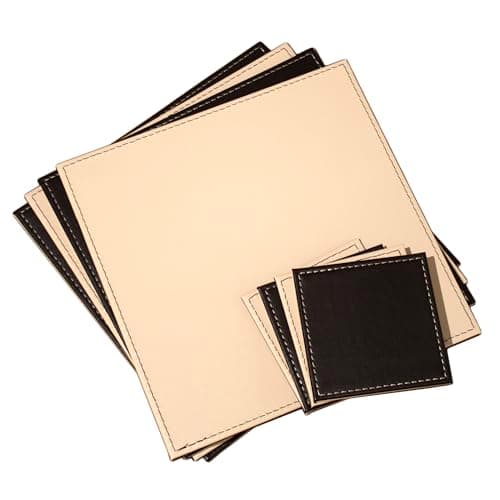Image of Set of 4 Cream/Brown Faux Leather Placemats & Coasters Reversible Square Dining