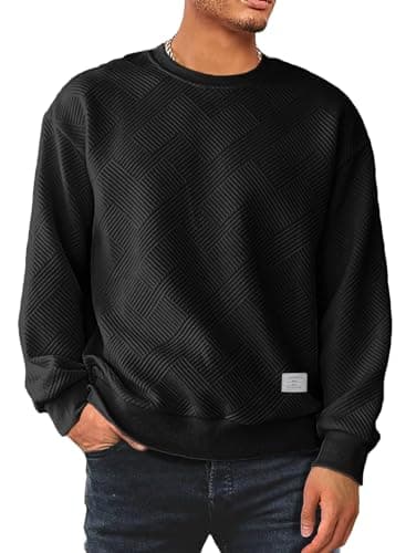 Image of JMIERR Mens Sweatshirts Round Neck Pullover Soild Color Geometric Texture Long Sleeve Tops,Black,2XL