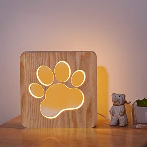 Image of CooPark Wooden Dog Night Light, Dog Paw Shape LED Lamp, Rechargeable Bedroom Bedside Table Decor for Children Kid, Cute Puppy Footprint Nightlight, Christmas Birthday Gift for Animal Lovers Pet Owners