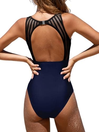 Image of CUPSHE Women's Swimming Costume Tummy Control Swimwear High Neck Cutout Back Hook Mesh One Piece Swimsuit Navy Blue M