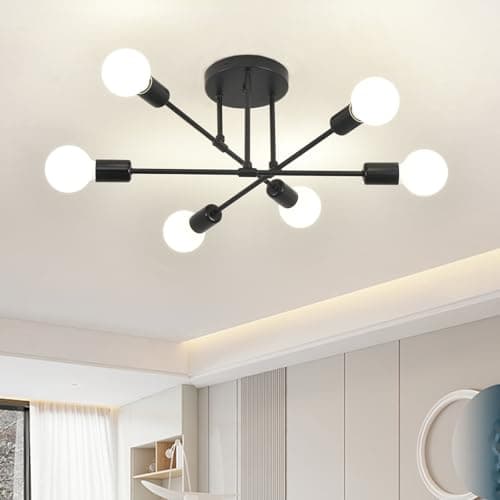 Image of ZYDTRIP Sputnik Chandelier, Industrial Semi Flush Mount, Black 6-Light Modern Ceiling Light for Bedroom, Living Room, Dining Room, Kitchen, Office, Hallway