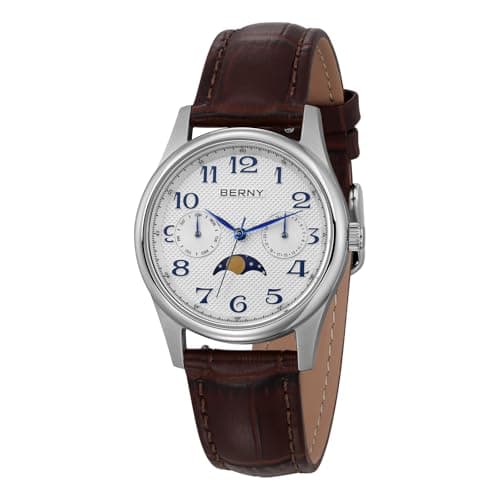 Image of BERNY Quartz Watch for Women Moon Phase Watches Ladies Wristwatch Easy Read Arabic Numerals Dial Analog Watches Sub-dail with Date and Day Calendar Genuine Leather Strap