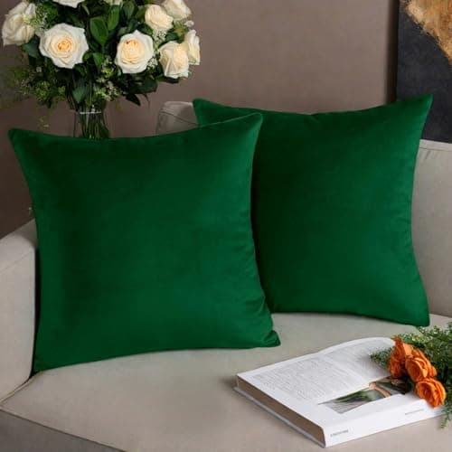 Image of AMFUN Set of 2 Velvet Cushion Covers,Dark Green 45 x 45 cm Luxury Velvet Square Throw Pillow Cases, Decorative Throw Pillowcases with Invisible Zipper, for Livingroom Sofa Bedroom
