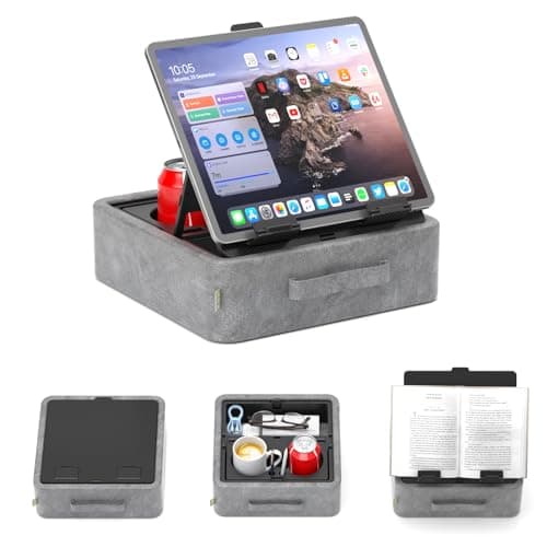 Image of KDD 5 in 1 Tablet Pillow Holder, Foldable Book Stand for Reading with Storage Tray, Pen Slot and 2 Cup Holders, Adjustable iPad Stand for Lap, Bed, Desk and Couch Compatible with Tablet and Book