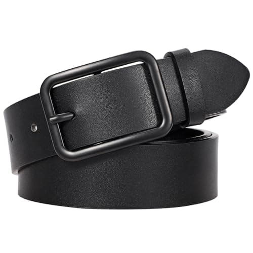 Image of LEACOOLKEY Women Classic Black Leather Belt With Square Black Buckle For Jeans Pants 1.3" width,Fit waist size 30"-35"
