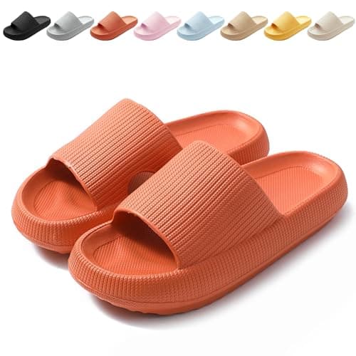 Image of BHFRGAS Sliders Cloud Slippers Women Men，Non-Slip Mens Womens Slippers Cloud Sliders，Soft Flip Flops with Thick Sole for Shower Bathroom Pool Beach，Orange, 5-5.5 UK