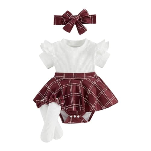 Image of BeliBacca Infant Baby Girl Summer Cute Outfits Short Sleeve Ruffle Cherry Plaid Romper Dress Headband Socks Set One Piece Jumpsuit Newborn Ribbed Knit Clothes (Red, 0-3 Months)