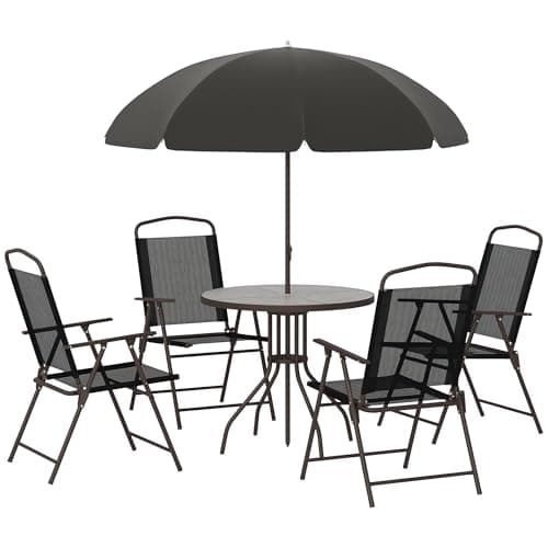 Image of Outsunny 6 Piece Garden Dining Set with Umbrella, Patio Sets with Parasol with 4 Folding Dining Chairs & Round Tempered Glass Table, Black