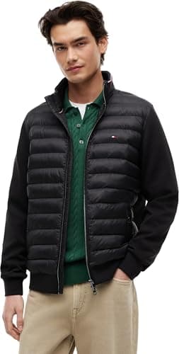 Image of Tommy Hilfiger Men’s Stand Collar Mix Media Quilted Sweatshirt with Zip, Black (Black), M