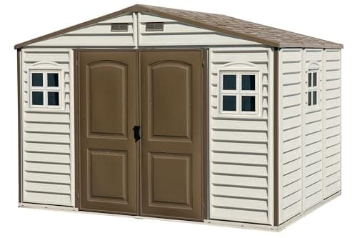 Image of Duramax WoodSide 10 x 8 (8.02 m2) Plastic Garden Shed with 3 Fixed Windows & Metal Foundation Kit, Strong Metal Roof Structure Fire Retardant and Maintenance-Free Storage Shed - Ivory/Brown