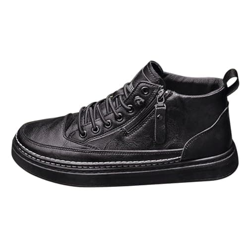 Image of Leather Trainers With Side Zip, Flat Sole Trainers For Men Breathable Sports Shoes Non-Slip Hiking Shoe Thick Sole Outdoor Casual Trainer With Laces