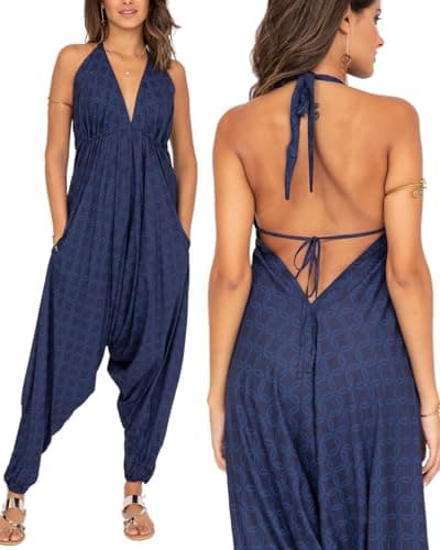 Image of likemary Jumpsuits for Women UK - Harem Jumpsuit All in One - Halter Neck Genie Romper with Pockets - Sexy & Comfy One Piece Ideal for Holidays Discs Print