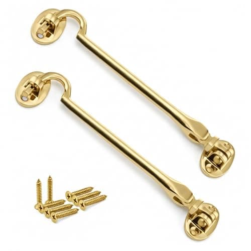 Image of Pack 2 Brass Cabin Hook Silent Type 100mm – Heavy Duty Solid Brass Door Latch for Gates, Sheds, Windows & Cupboards – Traditional Quiet Design with Fixings