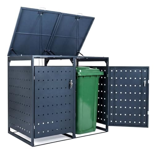 Image of COSTWAY Double Wheelie Bin Storage, 240L Metal Garden Bin Hideaway with Gas Struts, Shock Absorbers & Lockable Dual Doors, Outdoor Garbage Bin Storage Shed Cabinet for Patio Yard (Square Perforated)