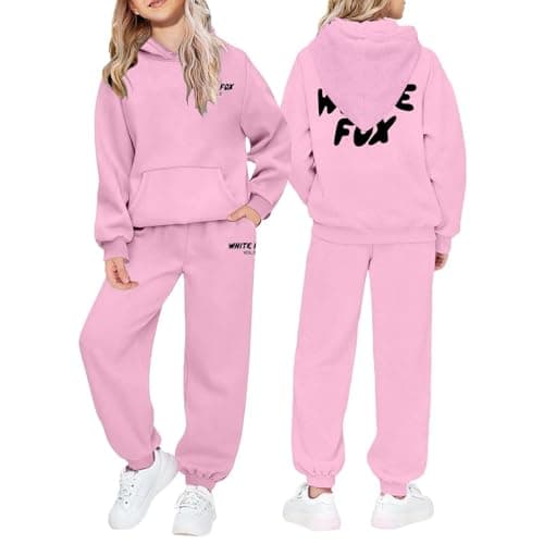 Image of NSICBMNO Girls 2 Piece Outfits Gym Sets, Tracksuit Kids Full Set Pullover Hoodie Wide Leg Joggers Lounge Set Travel Outfit, Long Sleeve Sweatshirt Baggy Sweatpants Track Suits 9-10 Years, Pink