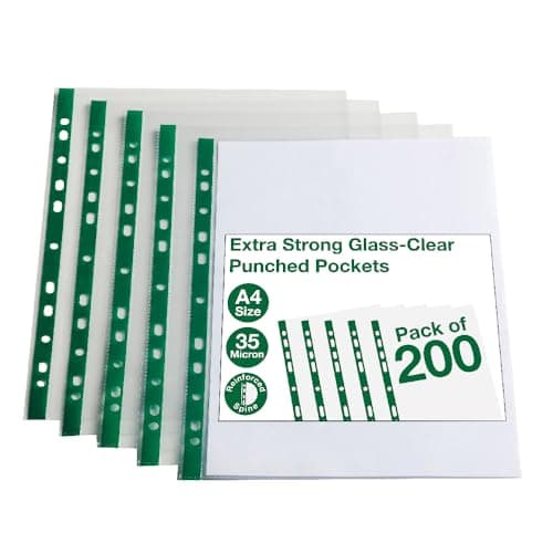 Image of Summit A4 Glass Clear Punched Pockets – Pack of 200 – Premium Clear Plastic Sheet Protectors, Multi-Punched for Ring Binders & Lever Arch Files