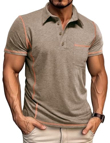 Image of Volemo Mens Short Sleeve Polo Shirts Casual Summer Smart Polo T-Shirts with Pocket Golf Tops Khaki L