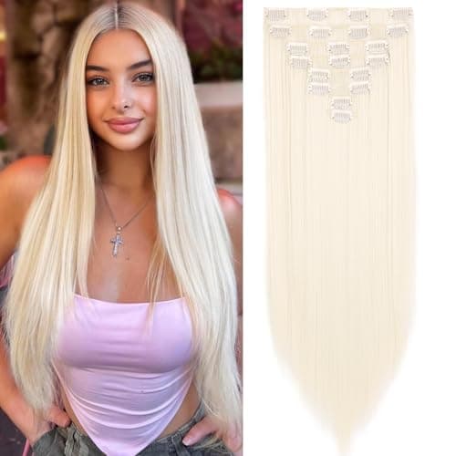 Image of Mscat 20 Inch Clip in Hair Extensions 8Pieces/Set Platinum Blonde Straight Hair pieces hair extensions Natural Soft Synthetic Hairpieces for Women(60#)