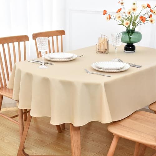 Image of NEWISHER Beige Oval Tablecloth - 153x215 cm (60x84 inch) - Heavy Duty Polyester Fabric Tablecloths, Washable Solid Table Cover for Dining, Kitchen, Home Party, Outdoor Indoor Use
