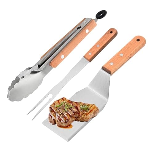 Image of 3 Pcs BBQ Tool Set, Barbecue Utensils, BBQTongs, Stainless Steel Grill Kit With Heat-Resistant Wooden Handle, Includes Spatula And Fork For Outdoor Grilling And Home Kitchen Use
