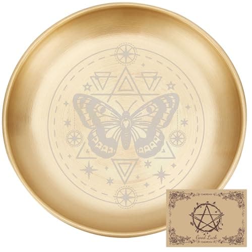 Image of CREATCABIN Butterfly Altar Ritual Plate Dish Stainless Steel Bowl Round Golden Prayer Tarot Offering Bowl Dish Candle Holder Witchy Crystals Jewelry Tray for Incense Burner Dowsing Divination 5.55Inch