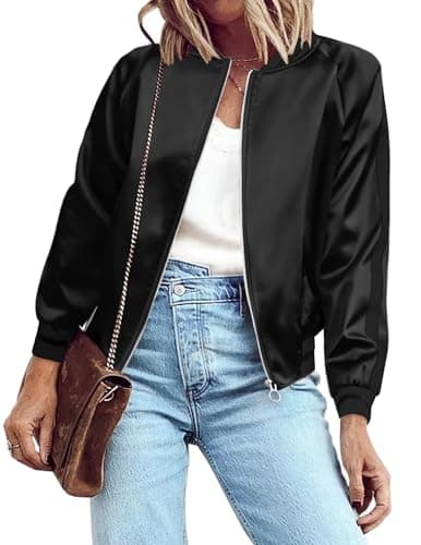 Image of Zeagoo Women's Bomber Jacket Lightweight Zip Up Jacket Casual Striped Jacket Coat Outerwear Windbreaker with Pockets, Pure Black, M