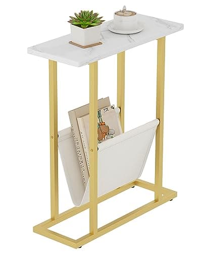 Image of Yusong Small Narrow Side Table for Small Spaces, Slim End Table Magazine Table Nightstand with Storage Holder, Accent Skinny Snack Couch Bedside Table (Gold)