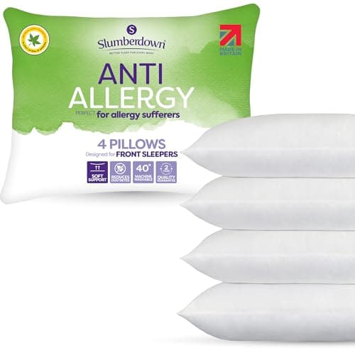 Image of Slumberdown Anti Allergy Pillows 4 Pack - Allergy UK Approved Front Sleeper Soft Pillows for Allergy Sufferers | Anti Bacterial Soft Touch Cover, UK-Made & Washable (48 x 74cm)