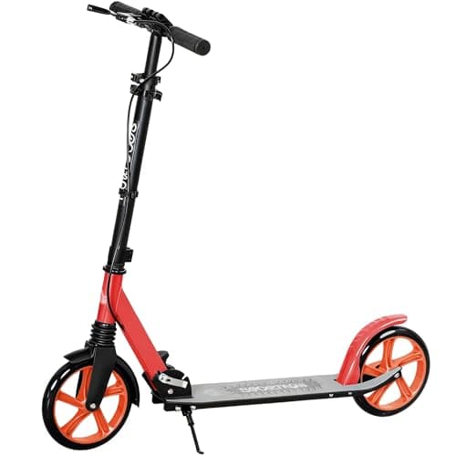 Image of HOMCOM One-click Folding Kick Scooter for 14+ w/Adjustable Handlebar, Push Scooter with Kickstand, Dual Brake System, Shock Absorber, 200mm Wheels & ABEC-9 Bearings, Red