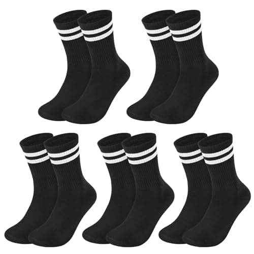Image of Kotashion 5 Pairs Mens Socks, Striped Crew Sock Women Mens White Socks 9-12, Cotton Breathable Sports-socks for Running, Hiking, Training Daily Wear, Black