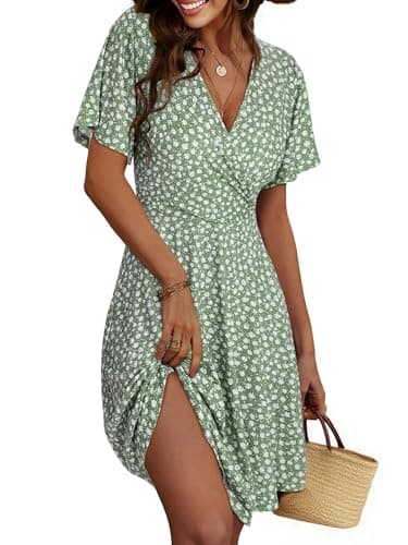 Image of Cicy Bell Women's Floral Summer Dress A-Line Mididress with V Neck Wrap Short Sleeve Casual Beach Party Dresses, Green, M