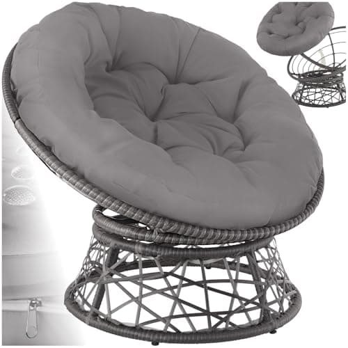 Image of tectake® Rattan Garden Chair with 360° Swivel - Sun Lounger with Thick Cushion, made of Weather-Resistant Polyrattan and Powder-Coated Steel, Patio, Balcony or Conservatory Furniture - Grey