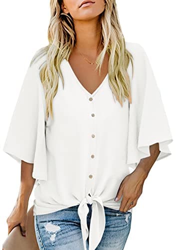 Image of Aokosor Womens White Tops Size 8-10 Ladies V Neck Blouses Batwing 3/4 Bell Sleeve Button Summer Chiffon Shirts