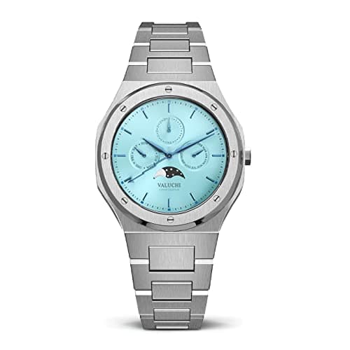 Image of Valuchi Luxury Fashion Men's Lunar Calendar Waterproof Stainless Steel Italian Leather Moonphase Sapphire Glass Japanese Quartz Analog Casual Watch with Date (Silver Ice Blue)