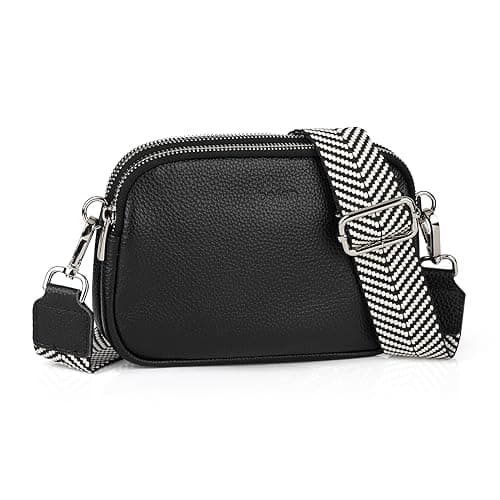 Image of befen Genuine Leather Black Crossbody Bag for Women Small Handbags Double Pockets Mobile Phone Shoulder Bag-Black