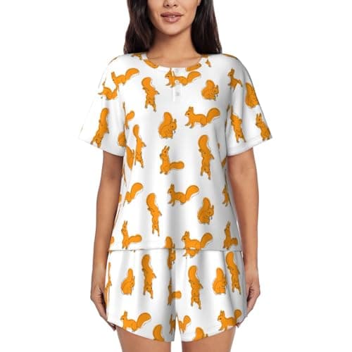 Image of Pevtufa Cartoon Squirrel For Pajamas Sets For Women Short-Sleeved Pjs With Lounge Shorts Two Piece Sleepwear, Black, 3XL