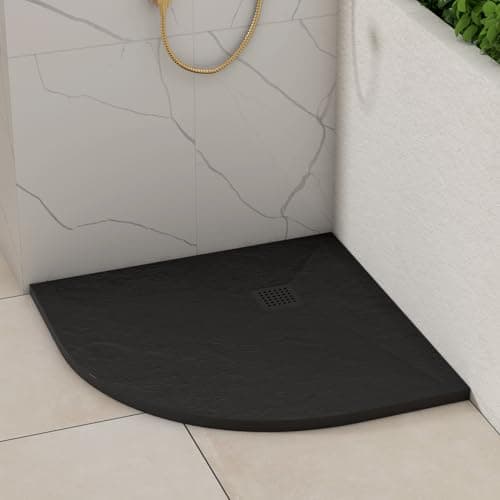 Image of Luxor Quadrant 900 x 900 x 30mm Black Slate Effect Stone Shower Tray Slip-Resistance for Shower Enclosure with Black Cover Grate