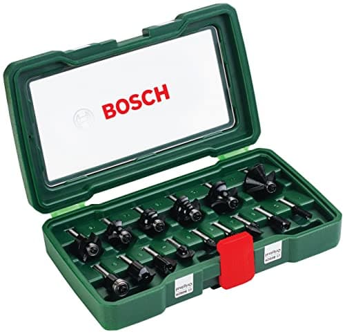 Image of Bosch 2607019468 15-Piece Carbide Router Bit Set (for Wood, 1/4-Inch Shank, Accessories for Routers), Silver/Black