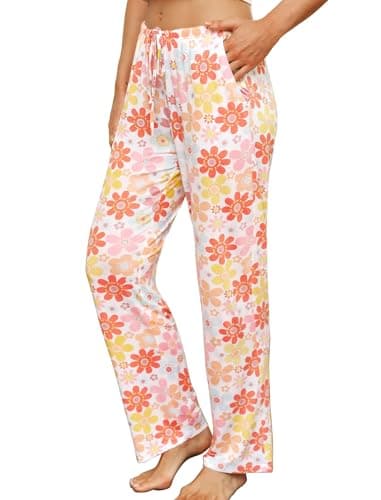 Image of MIA LUCCE Pyjama Bottoms Womens Soft Lounge Pants Women Ladies Loungewear With Pockets Stretch Drawstring Trousers Sleepwear(L,Pink Flower)