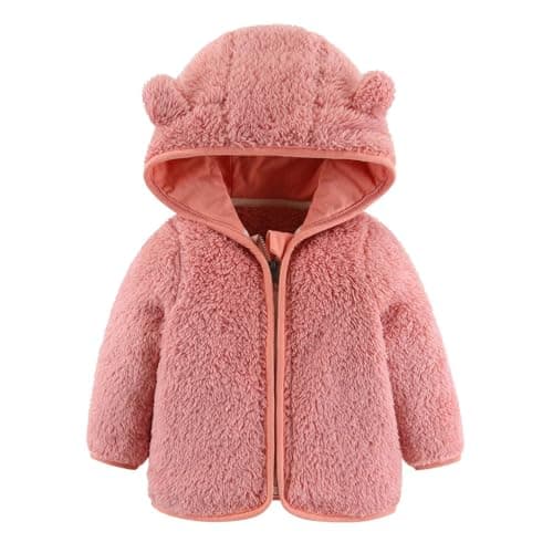 Image of Generisch 2025~ Newborn Baby Girls Boys Jacket Bear Ears Hooded Outerwear Zip Warm Fleece Winter Coat, pink, 12-18 Months
